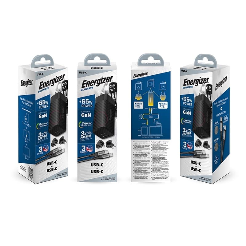 Energizer Ultimate - Multiplug EU / UK / US GaN USB-C & USB-A 65W PD mains charger + USB-C cable (Black) - 13