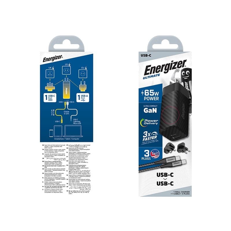 Energizer Ultimate - Multiplug EU / UK / US GaN USB-C & USB-A 65W PD mains charger + USB-C cable (Black) - 15
