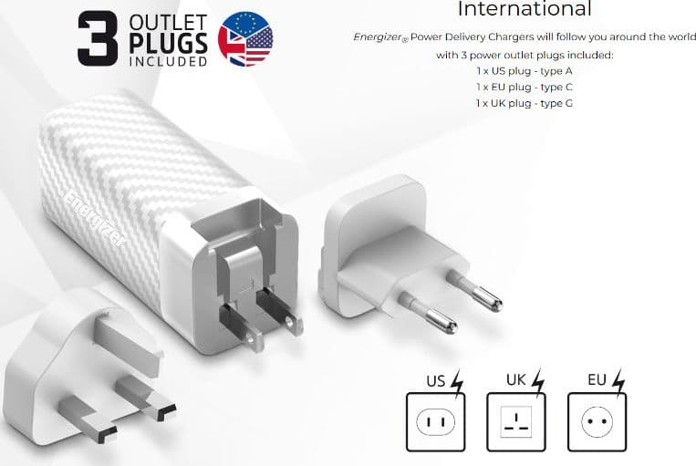 Energizer Ultimate - Multiplug EU / UK / US GaN USB-C & USB-A 65W PD mains charger + USB-C cable (Black) - 3