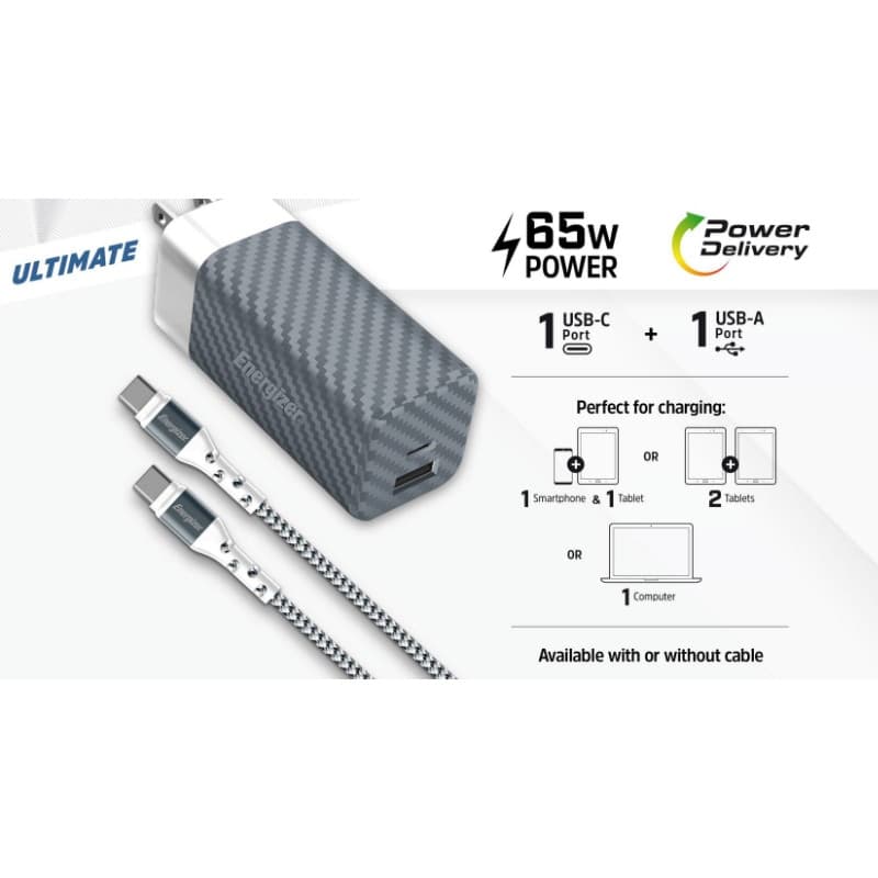 Energizer Ultimate - Multiplug EU / UK / US GaN USB-C & USB-A 65W PD mains charger + USB-C cable (Black) - 8