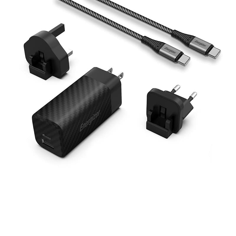 Energizer Ultimate - Multiplug EU / UK / US GaN USB-C & USB-A 65W PD mains charger + USB-C cable (Black) - 9