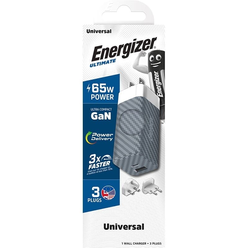 Energizer Ultimate - Multiplug EU / UK / US GaN USB-C & USB-A 65W PD mains charger (Silver) - 12