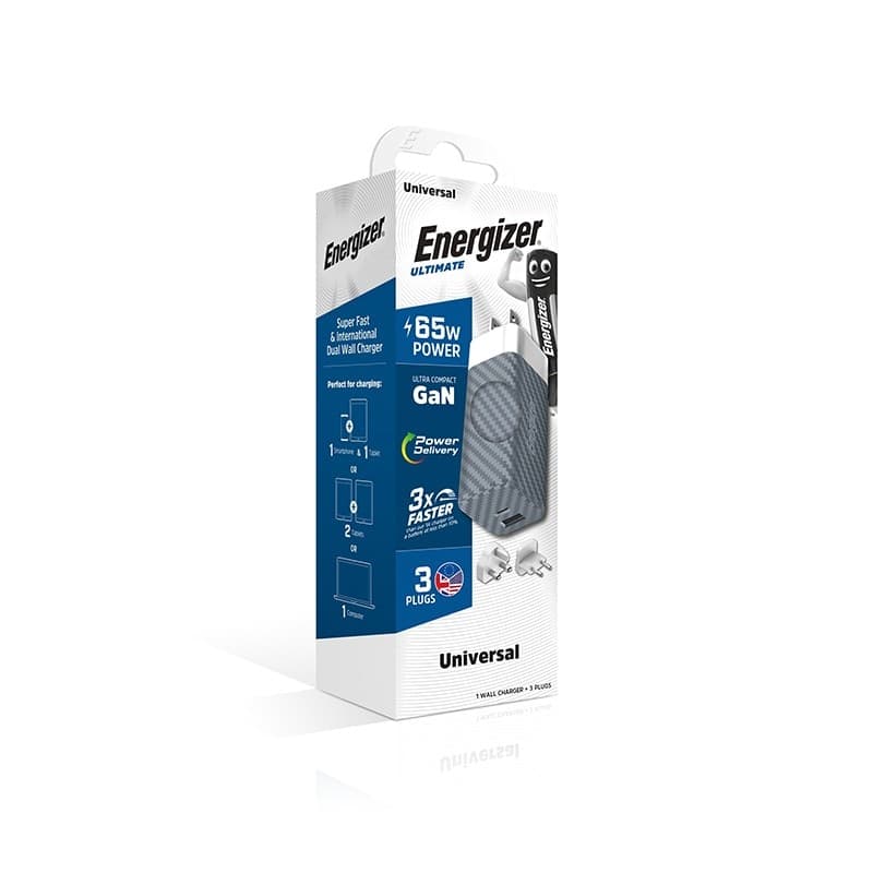 Energizer Ultimate - Multiplug EU / UK / US GaN USB-C & USB-A 65W PD mains charger (Silver) - 14