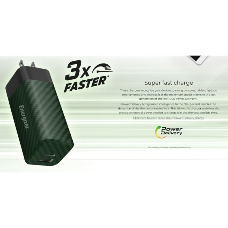 Energizer Ultimate - Multiplug EU / UK / US GaN USB-C & USB-A 65W PD mains charger (Silver) - 16