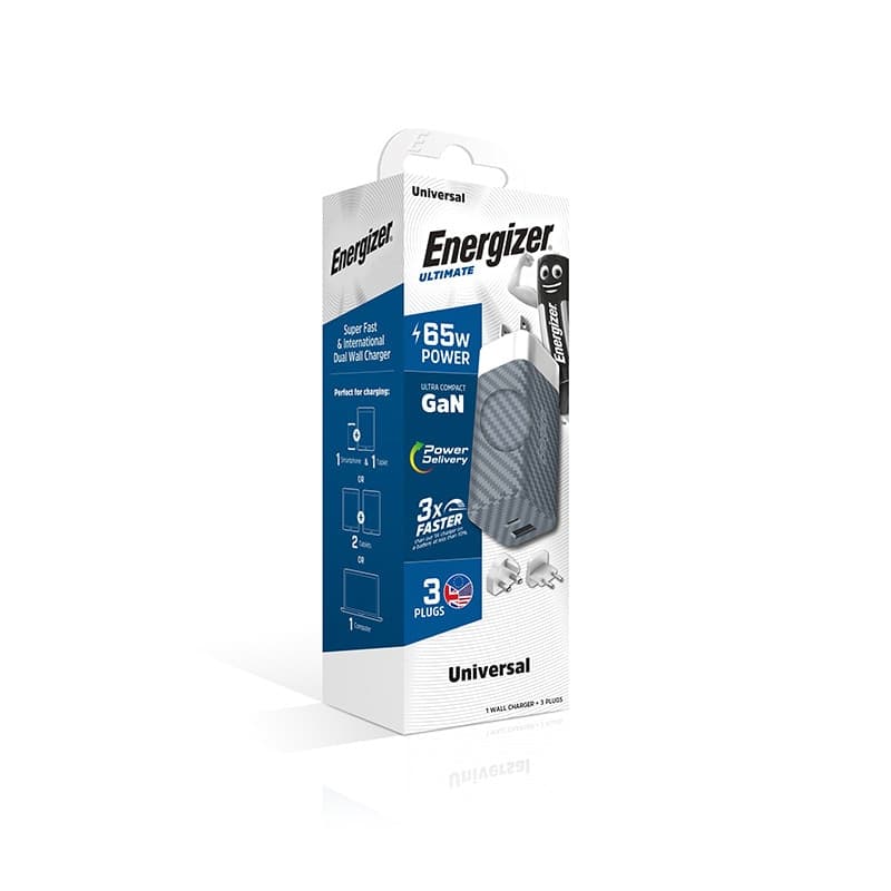 Energizer Ultimate - Multiplug EU / UK / US GaN USB-C & USB-A 65W PD mains charger (Silver) - 6