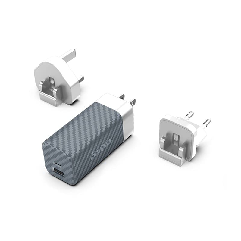 Energizer Ultimate - Multiplug EU / UK / US GaN USB-C & USB-A 65W PD mains charger (Silver) - 9