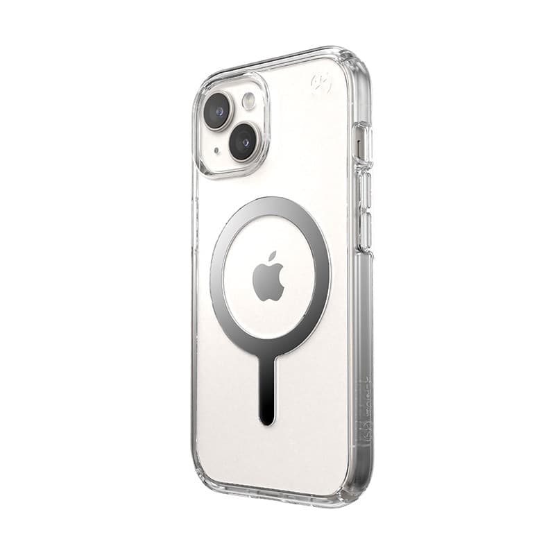 Speck Presidio Perfect-Clear MagSafe - Custodia per iPhone 16e / iPhone 15 / iPhone 14 / iPhone 13 (Trasparente / Finitura croma - 2