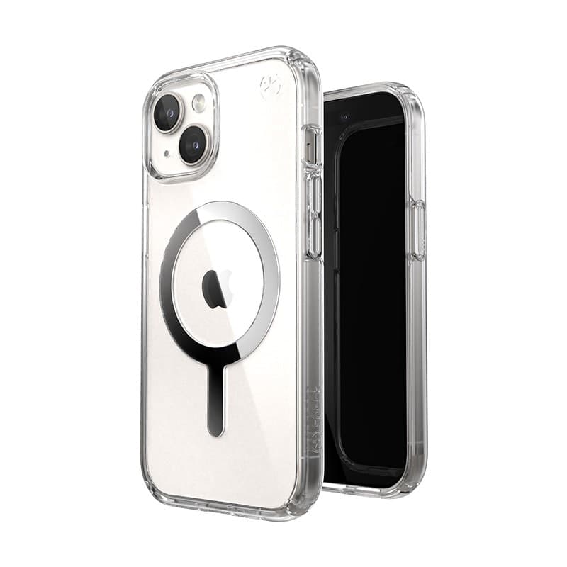 Speck Presidio Perfect-Clear MagSafe - Custodia per iPhone 16e / iPhone 15 / iPhone 14 / iPhone 13 (Trasparente / Finitura croma - 11