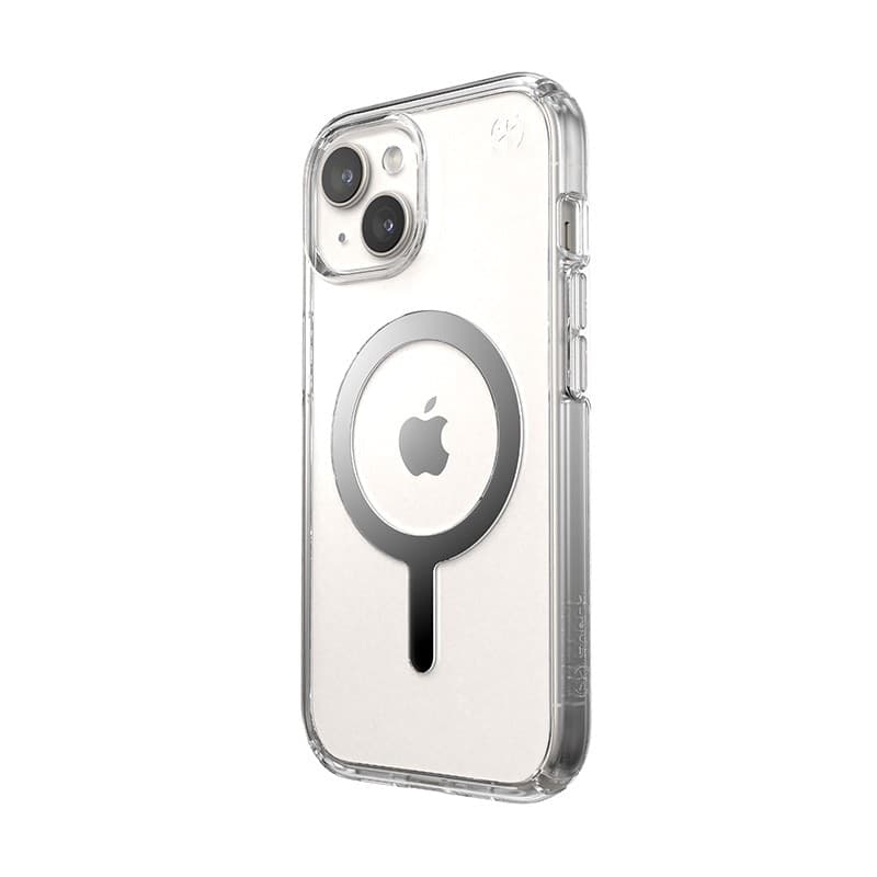 Speck Presidio Perfect-Clear MagSafe - Custodia per iPhone 16e / iPhone 15 / iPhone 14 / iPhone 13 (Trasparente / Finitura croma - 12
