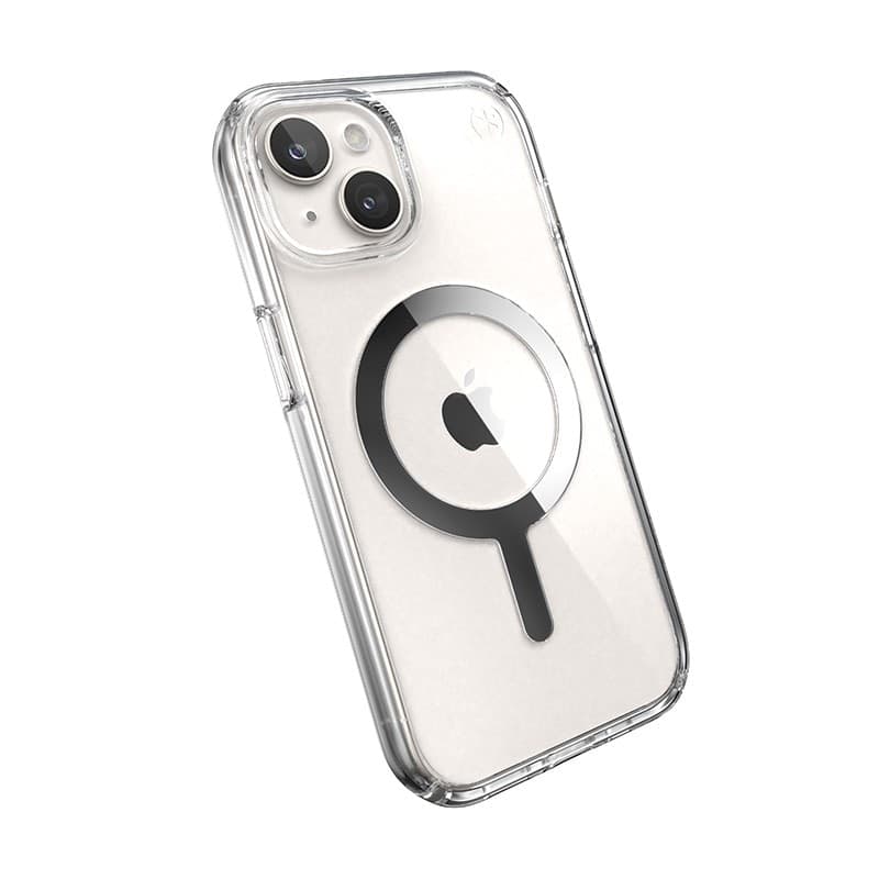 Speck Presidio Perfect-Clear MagSafe - Custodia per iPhone 16e / iPhone 15 / iPhone 14 / iPhone 13 (Trasparente / Finitura croma - 14