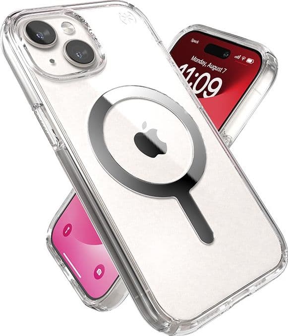 Speck Presidio Perfect-Clear MagSafe - Custodia per iPhone 16e / iPhone 15 / iPhone 14 / iPhone 13 (Trasparente / Finitura croma - 17