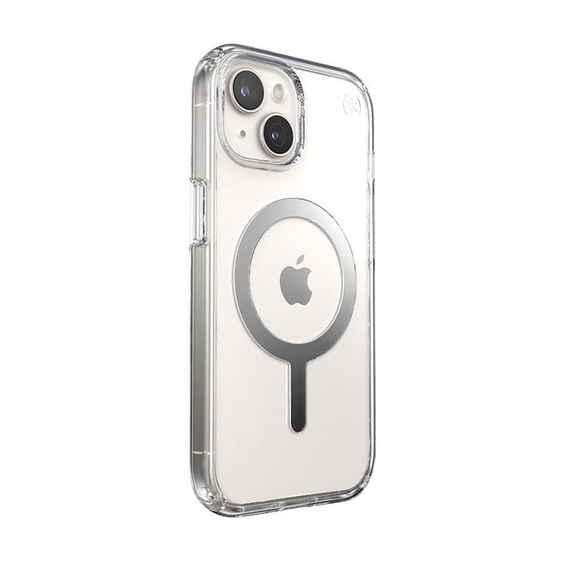 Speck Presidio Perfect-Clear MagSafe - Custodia per iPhone 16e / iPhone 15 / iPhone 14 / iPhone 13 (Trasparente / Finitura croma - 3