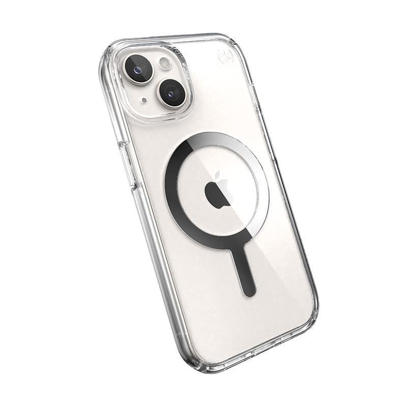 Speck Presidio Perfect-Clear MagSafe - Custodia per iPhone 16e / iPhone 15 / iPhone 14 / iPhone 13 (Trasparente / Finitura croma - 4