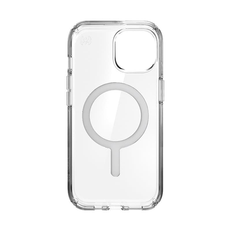 Speck Presidio Perfect-Clear MagSafe - Custodia per iPhone 16e / iPhone 15 / iPhone 14 / iPhone 13 (Trasparente / Finitura croma - 5