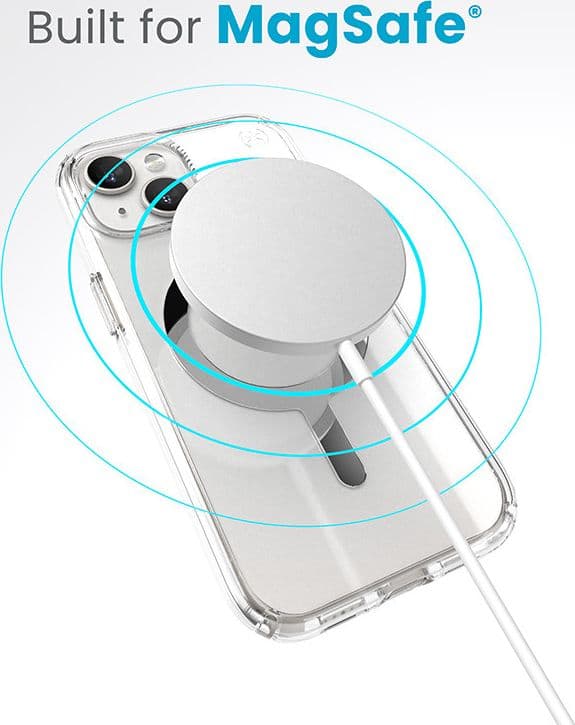 Speck Presidio Perfect-Clear MagSafe - Custodia per iPhone 16e / iPhone 15 / iPhone 14 / iPhone 13 (Trasparente / Finitura croma - 9