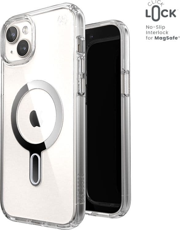 Speck Presidio Perfect-Clear ClickLock e Magsafe - Custodia per iPhone 15 Plus / iPhone 14 Plus (Trasparente / Finitura cromata
