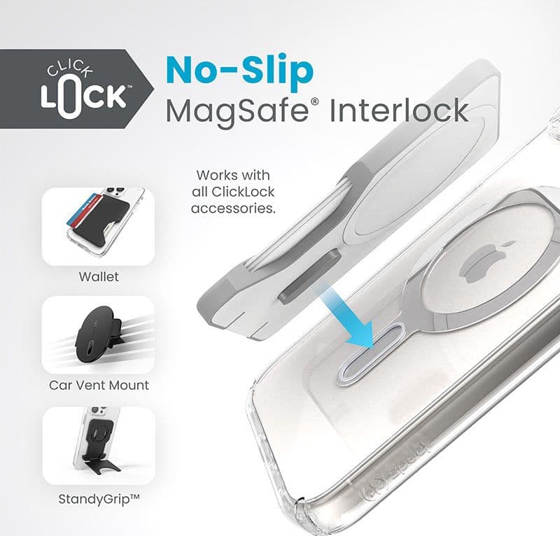 Speck Presidio Perfect-Clear ClickLock e Magsafe - Custodia per iPhone 15 Plus / iPhone 14 Plus (Trasparente / Finitura cromata - 2