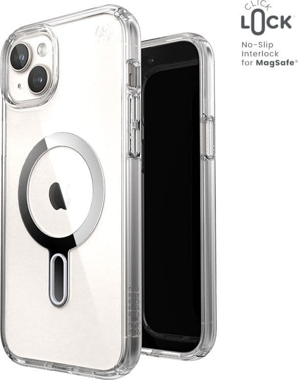 Speck Presidio Perfect-Clear ClickLock e Magsafe - Custodia per iPhone 15 Plus / iPhone 14 Plus (Trasparente / Finitura cromata - 11