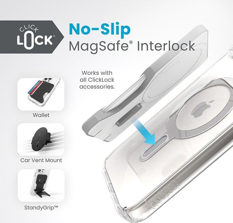 Speck Presidio Perfect-Clear ClickLock e Magsafe - Custodia per iPhone 15 Plus / iPhone 14 Plus (Trasparente / Finitura cromata - 12