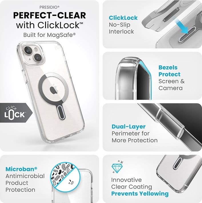 Speck Presidio Perfect-Clear ClickLock e Magsafe - Custodia per iPhone 15 Plus / iPhone 14 Plus (Trasparente / Finitura cromata - 14