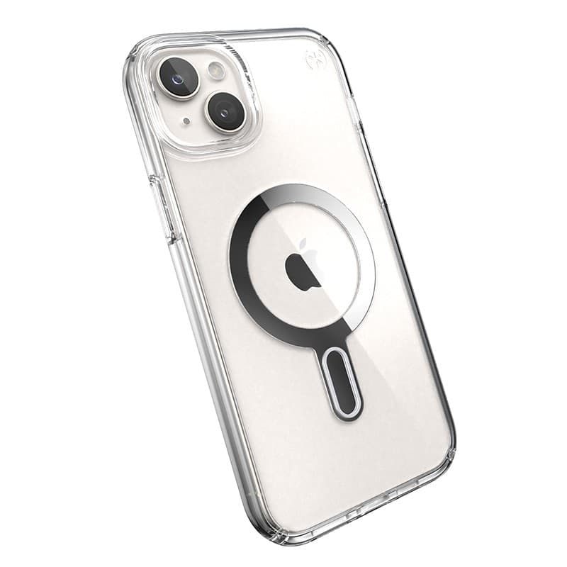 Speck Presidio Perfect-Clear ClickLock e Magsafe - Custodia per iPhone 15 Plus / iPhone 14 Plus (Trasparente / Finitura cromata - 16
