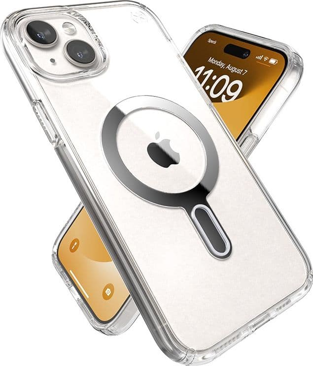 Speck Presidio Perfect-Clear ClickLock e Magsafe - Custodia per iPhone 15 Plus / iPhone 14 Plus (Trasparente / Finitura cromata - 20