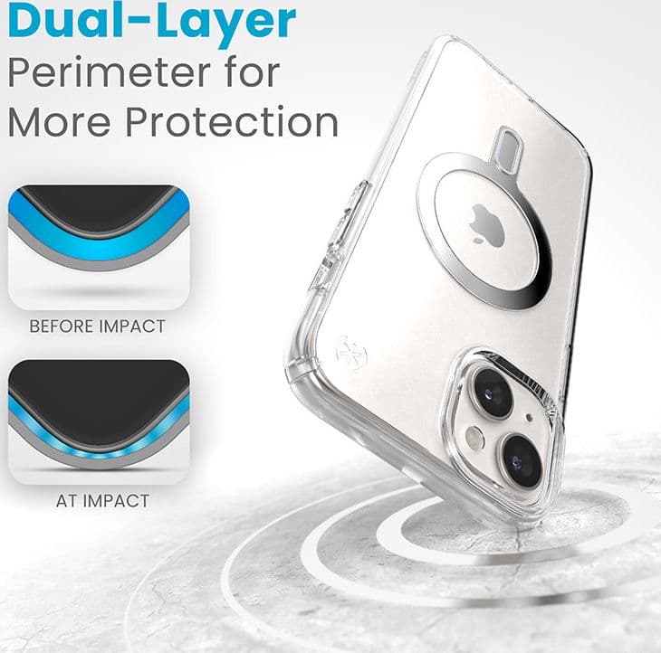 Speck Presidio Perfect-Clear ClickLock e Magsafe - Custodia per iPhone 15 Plus / iPhone 14 Plus (Trasparente / Finitura cromata - 3