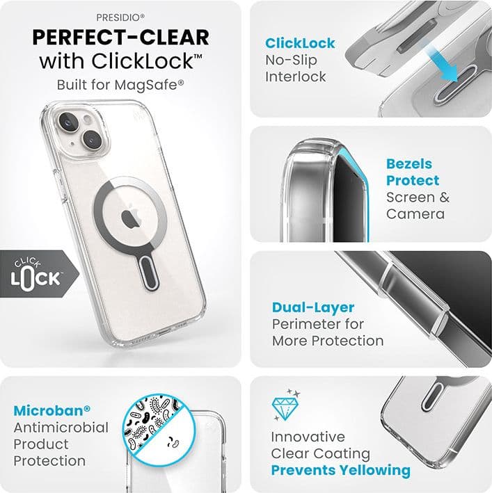 Speck Presidio Perfect-Clear ClickLock e Magsafe - Custodia per iPhone 15 Plus / iPhone 14 Plus (Trasparente / Finitura cromata - 4