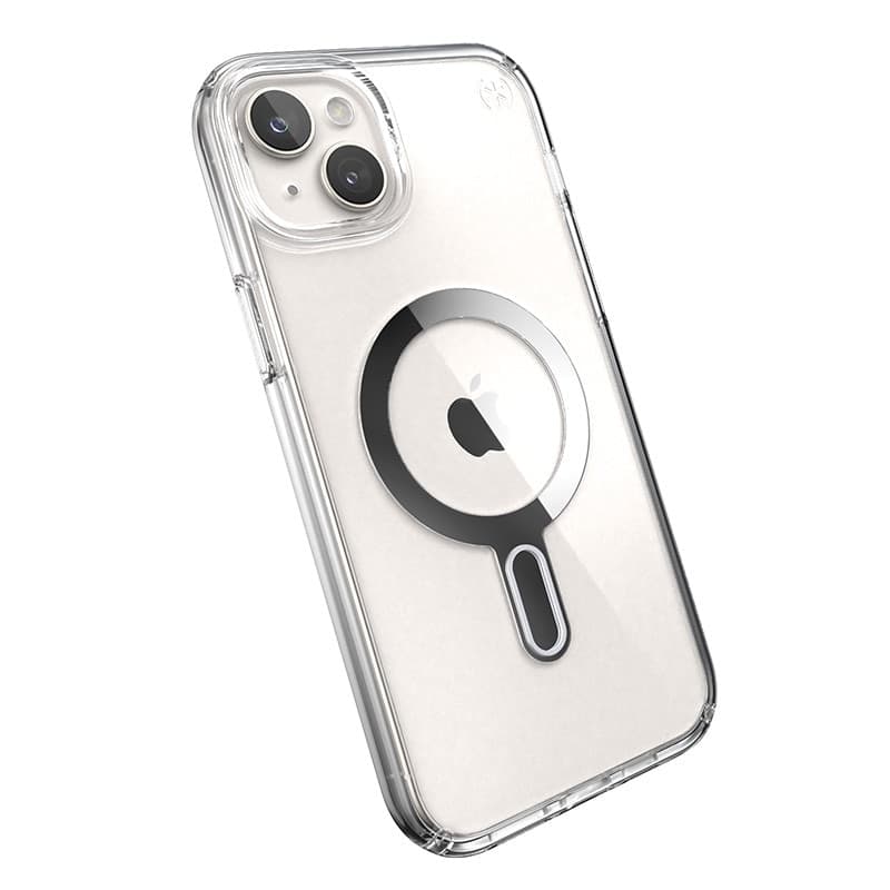 Speck Presidio Perfect-Clear ClickLock e Magsafe - Custodia per iPhone 15 Plus / iPhone 14 Plus (Trasparente / Finitura cromata - 6