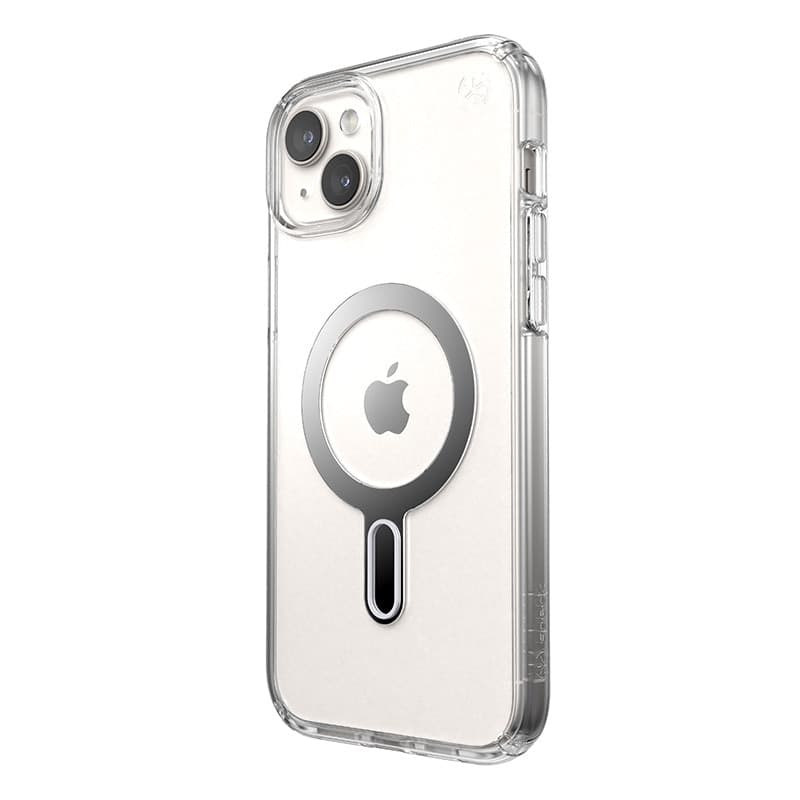 Speck Presidio Perfect-Clear ClickLock e Magsafe - Custodia per iPhone 15 Plus / iPhone 14 Plus (Trasparente / Finitura cromata - 8
