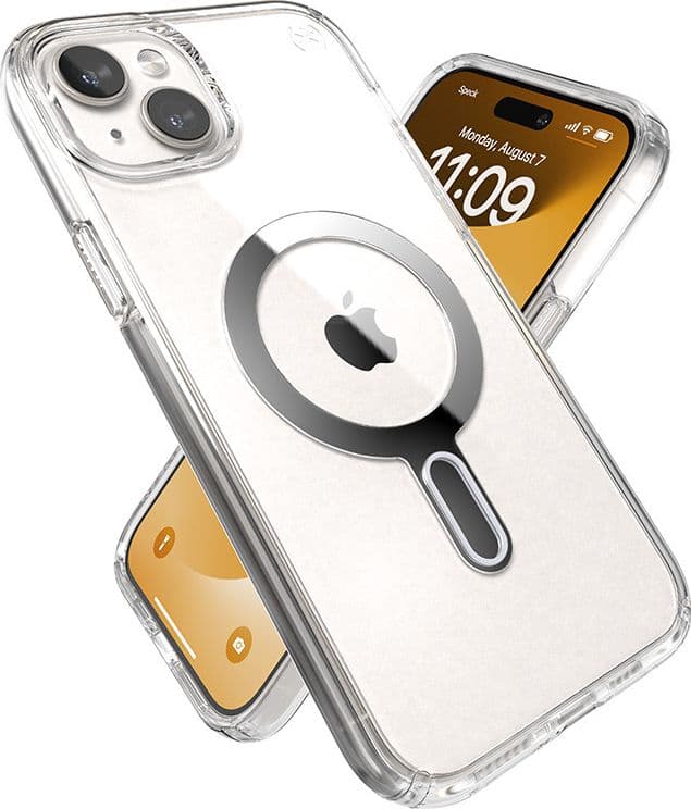 Speck Presidio Perfect-Clear ClickLock e Magsafe - Custodia per iPhone 15 Plus / iPhone 14 Plus (Trasparente / Finitura cromata - 10