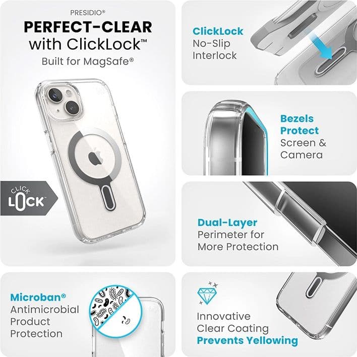 Speck Presidio Perfect-Clear ClickLock & MagSafe - Custodia per iPhone 16e / iPhone 15 / iPhone 14 / iPhone 13 (Trasparente / Fi - 14