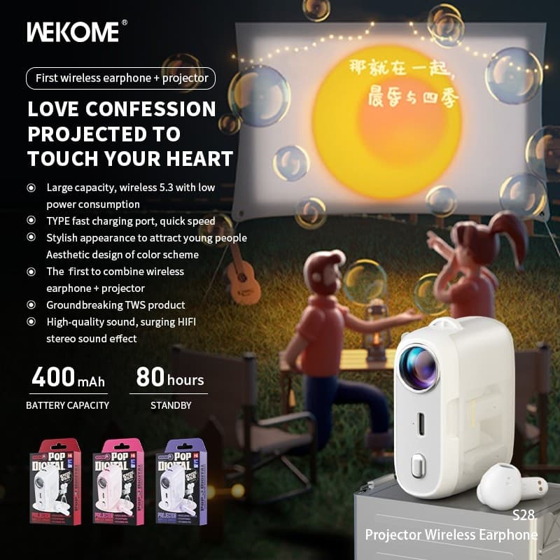 WEKOME S28 Pop Digital Series - Bluetooth V5.3 TWS wireless headphones with charging case with projector function (White) - 12