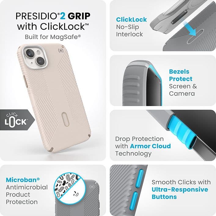 Speck Presidio2 Grip ClickLock e Magsafe - Custodia per iPhone 15 Plus / iPhone 14 Plus (Osso sbiancato / Oro antico / Marrone n - 4