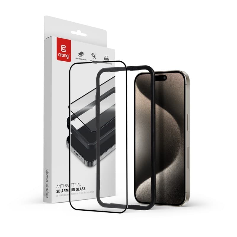 Crong Anti-Bacterial 3D Armor Glass - Vetro temperato 9H per iPhone 15 Pro Max a schermo intero + telaio di installazione - 7