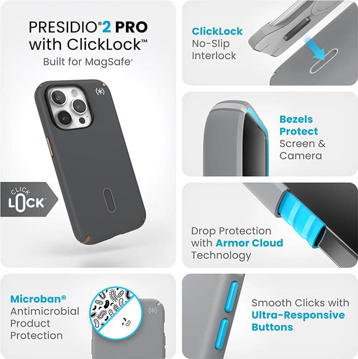 Speck Presidio2 Pro ClickLock e MagSafe - Custodia per iPhone 15 Pro (grigio antracite / bronzo freddo) - 3