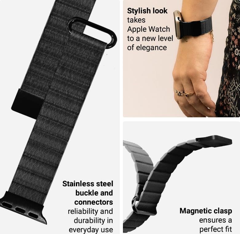 Crong Eclipse - Cinturino magnetico in pelle per Apple Watch 44/45/46/49 mm (nero) - 6
