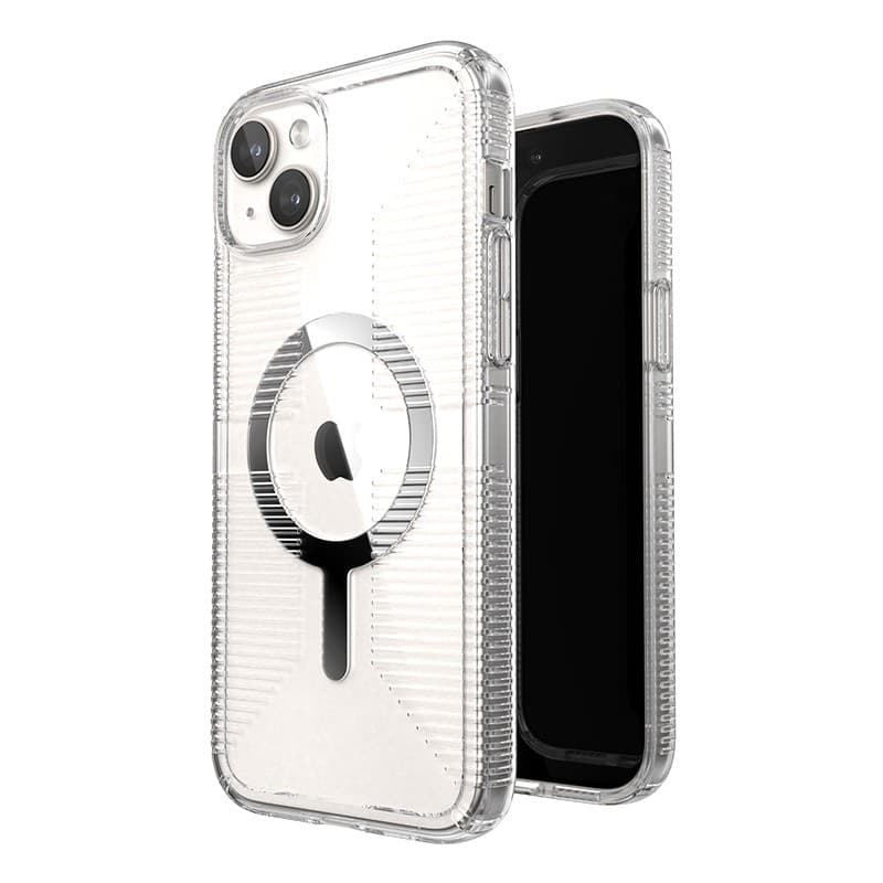 Speck Gemshell Grip + MagSafe - Custodia per iPhone 15 Plus / iPhone 14 Plus (finitura trasparente / cromata) - 11