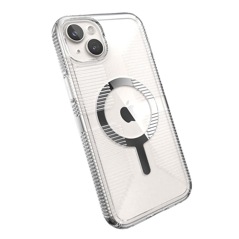 Speck Gemshell Grip + MagSafe - Custodia per iPhone 15 Plus / iPhone 14 Plus (finitura trasparente / cromata) - 14