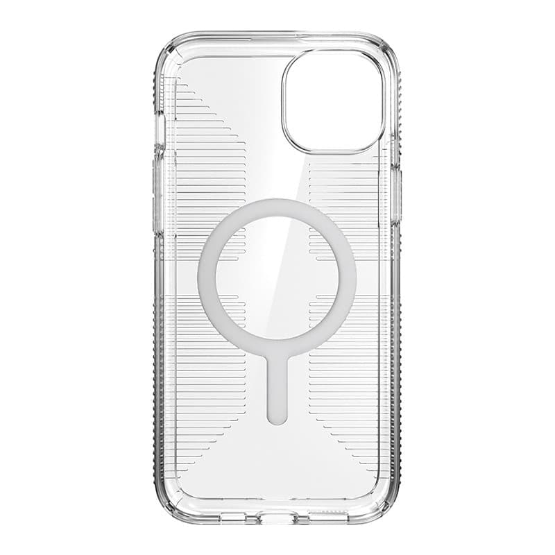 Speck Gemshell Grip + MagSafe - Custodia per iPhone 15 Plus / iPhone 14 Plus (finitura trasparente / cromata) - 15