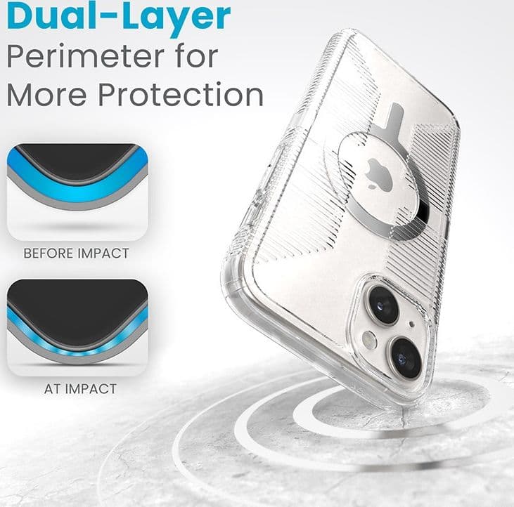 Speck Gemshell Grip + MagSafe - Custodia per iPhone 15 Plus / iPhone 14 Plus (finitura trasparente / cromata) - 16