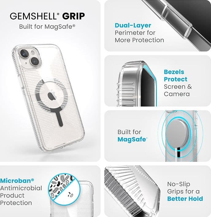Speck Gemshell Grip + MagSafe - Custodia per iPhone 15 Plus / iPhone 14 Plus (finitura trasparente / cromata) - 20