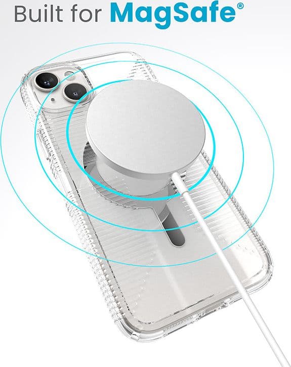 Speck Gemshell Grip + MagSafe - Custodia per iPhone 15 Plus / iPhone 14 Plus (finitura trasparente / cromata) - 8