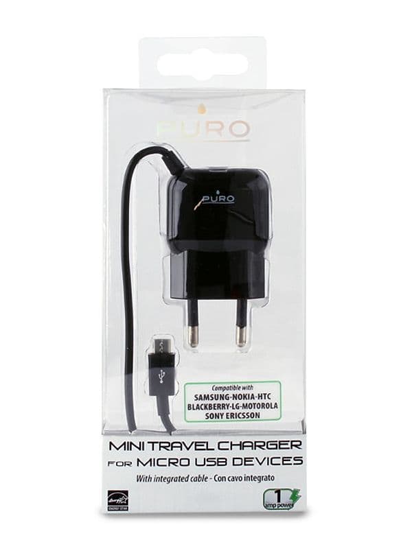 PURO Mini Travel Charger - Portable Wall Charger with Micro USB Cable (Black) - 5