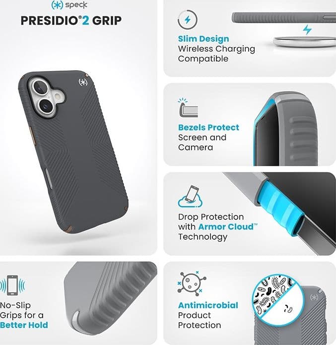 Speck Presidio2 Grip - Custodia per iPhone 16 (grigio antracite / bronzo freddo / bianco) - 16