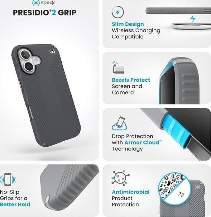 Speck Presidio2 Grip - Custodia per iPhone 16 (grigio antracite / bronzo freddo / bianco) - 6