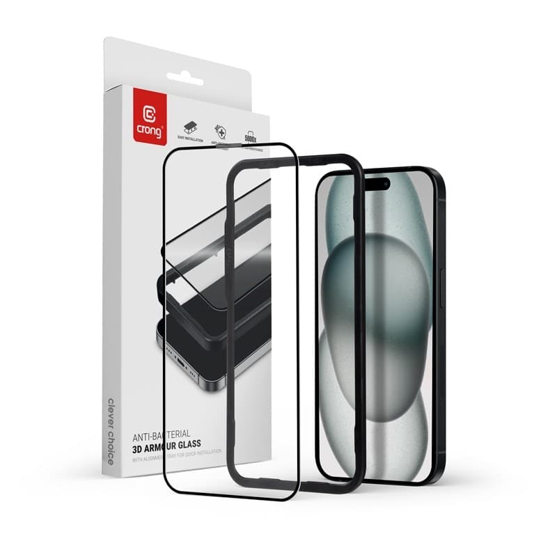 Crong Anti-Bacterial 3D Armor Glass - Vetro temperato 9H Full Glue per iPhone 16 Plus / iPhone 15 Plus + telaio di installazione - 7
