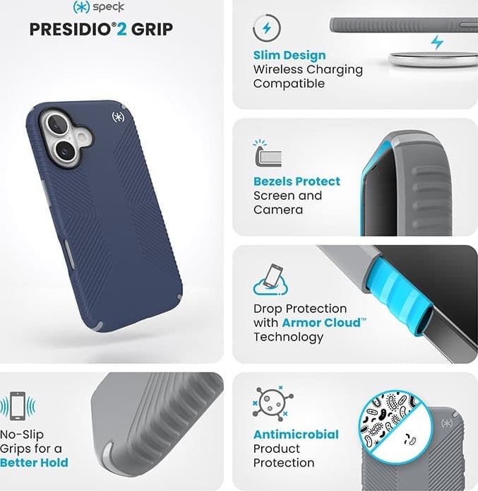 Speck Presidio2 Grip - Custodia per iPhone 16 (blu costiero / grigio polvere / bianco) - 16