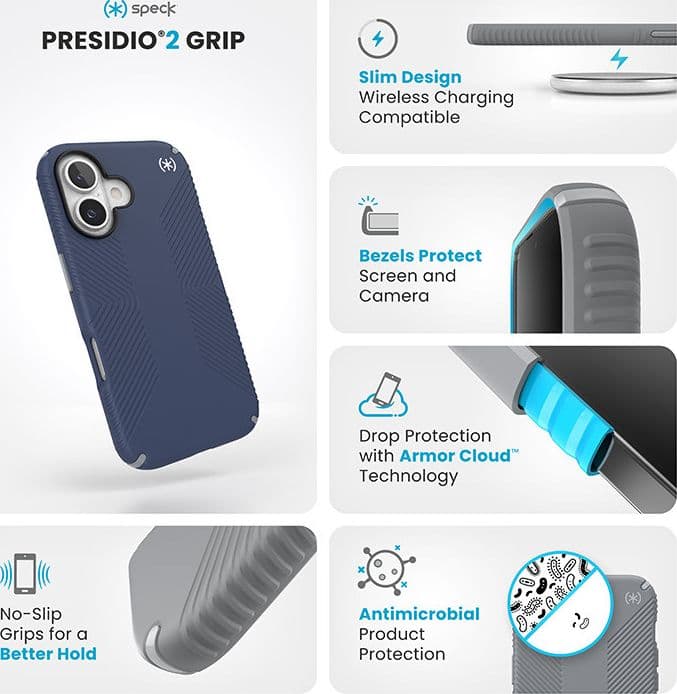 Speck Presidio2 Grip - Custodia per iPhone 16 (blu costiero / grigio polvere / bianco) - 6