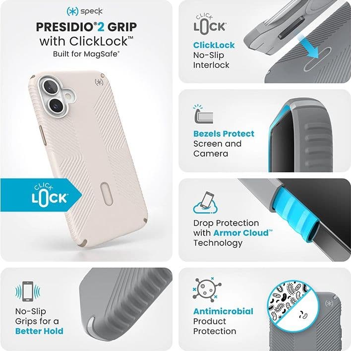 Speck Presidio2 Grip ClickLock e MagSafe - Custodia per iPhone 16 Plus (Osso sbiancato / Oro antico / Marrone nocciola) - 13